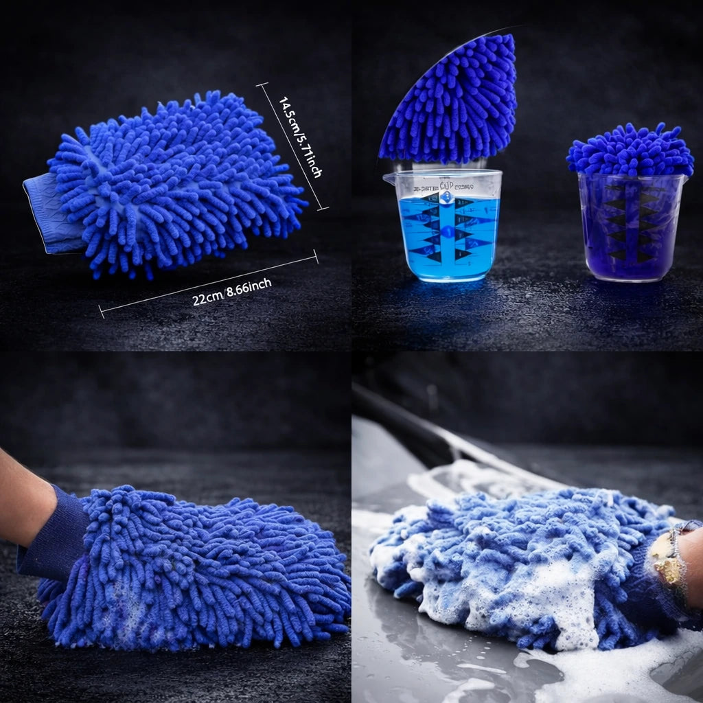 CarGlo Premium Chenille-Reinigungshandschuh in einer 4-teiligen Anwendungscollage vor dunklem Studiohintergrund für eine hochwertige Autopflege-Präsentation