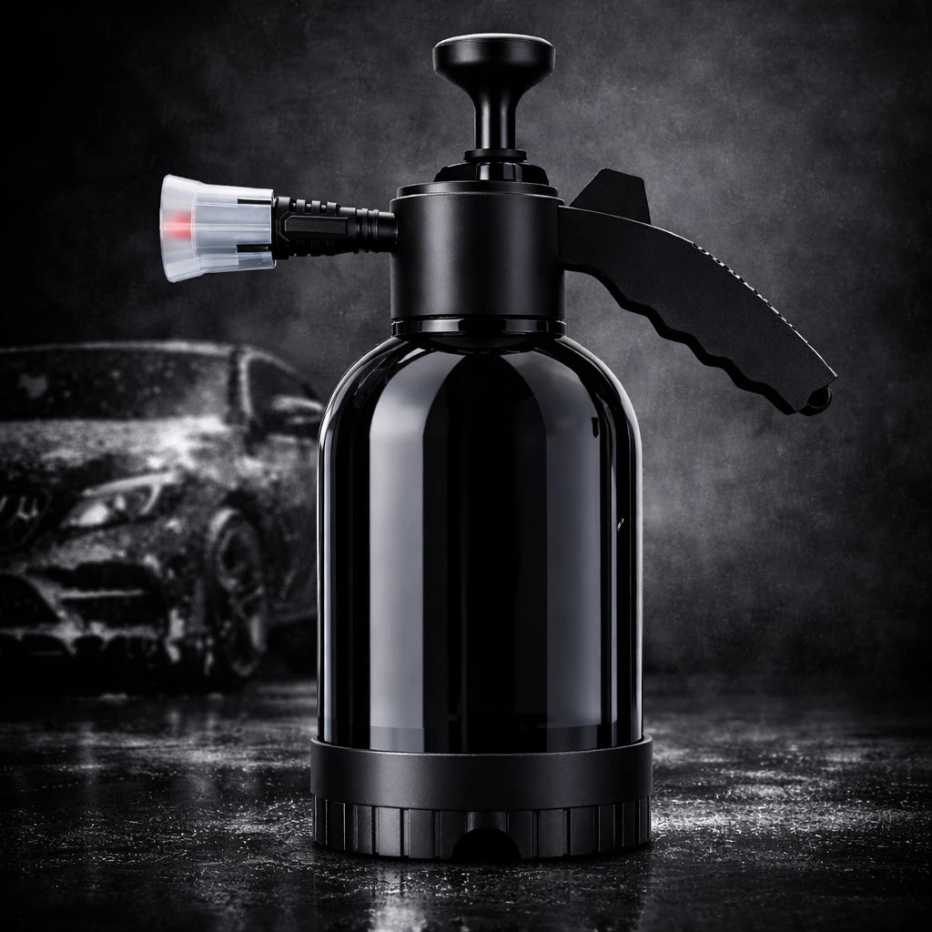 CarGlo Premium Handdruck-Schaumsprüher 2L in schwarzem Design vor dunklem Studiohintergrund für eine hochwertige Autopflege-Präsentation