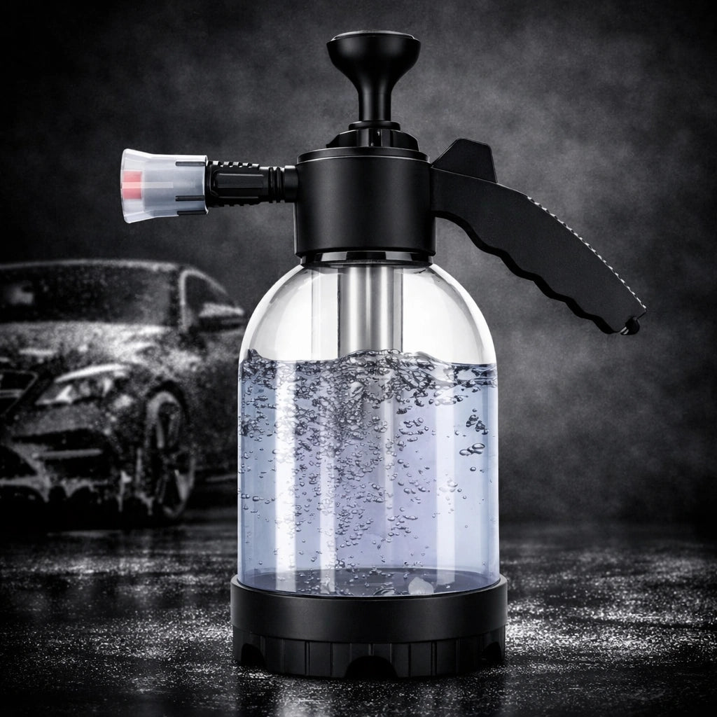 CarGlo Premium Handdruck-Schaumsprüher 2L mit transparenter Flasche und schwarzem Kopf vor dunklem Studiohintergrund für eine hochwertige Produktpräsentation